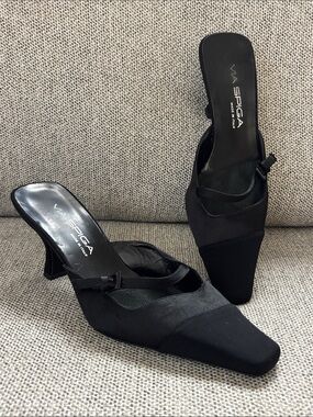 Via Spiga Black Square-Toe Slip-On Mule Heels